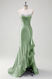 Sparkly Grey Blue Mermaid Strapless Ruffle Corset Satin Long Formal Dress with Slit