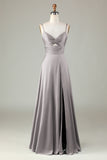 Keyhole Spaghetti Straps Plum Bridesmaid Dress with Slit