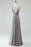 Pine A-Line Spaghetti Straps Pleated Chiffon Long Bridesmaid Dress