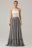 Halter Rust Chiffon Keyhole Boho Long Bridesmaid Dress with Lace