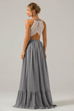 Halter Rust Chiffon Keyhole Boho Long Bridesmaid Dress with Lace