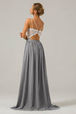 Sky Blue A-line Spaghetti Straps Chiffon Long Boho Bridesmaid Dress with Lace