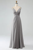 Pine A-Line Spaghetti Straps Pleated Chiffon Long Bridesmaid Dress