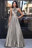 Gold A Line Metallic Halter Neck Pleated Long Formal Dress with Keyhole