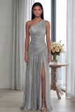 Glitter Pleated A Line Golden Long One Shoulder Formal Dress with Slit