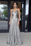 Gold Sweetheart Metallic A-Line Pleated Long Formal Dress