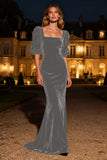 Navy Mermaid Square Neck Puff Sleeves Velvet Long Formal Dress