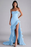Black Mermaid Strapless Ruffled Formal Dress With Slit