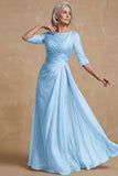 Dusty Sage Ruched A Line Boat Neck Long Mother of the Bride Dress