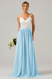 Sky Blue A-line Spaghetti Straps Chiffon Long Boho Bridesmaid Dress with Lace