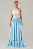 Halter Rust Chiffon Keyhole Boho Long Bridesmaid Dress with Lace