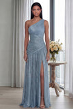 Glitter Pleated A Line Golden Long One Shoulder Formal Dress with Slit