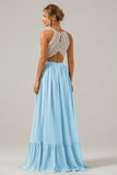 Halter Rust Chiffon Keyhole Boho Long Bridesmaid Dress with Lace