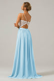 Sky Blue A-line Spaghetti Straps Chiffon Long Boho Bridesmaid Dress with Lace