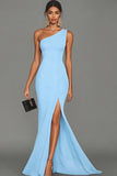 Black Satin Mermaid One Shoulder Long Formal Dress with Slit