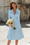 Ivory Satin Peak Lapel A Line Midi Engagement Dress with Sleeves
