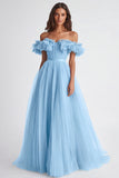 Dusty Sage Tulle Off The Shoulder Ruffled Ball Gown Long Formal Dress