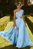 One Shoulder Olive A Line Chiffon Maxi Dress