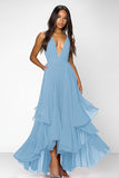Red Deep V Neck Ruched Ruffles A Line Formal Dress
