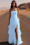 Strapless A Line Ivory Maxi Beach Wedding Dress with Ruffles