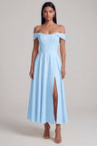 A-Line Off the Shoulder Yellow Corset Maxi Wedding Guest Dress with Slit