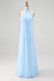 Sky Blue Chiffon Sheath Halter Long Boho Formal Dress