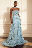 Strapless A-Line Purple Appliqued Long Formal Dress With 3D Flowers