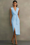 Black Satin V-Neck Bodycon Long Formal Dress with Sash
