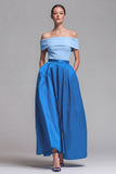 Off the Shoulder A Line Fuchsia and Red Color Block Long Formal Dress