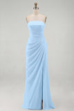 Light Pink Strapless Sheath Ruched Long Formal Dress with Slit
