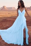 Ivory Spaghetti Straps A Line Ruffled Boho Wedding Dress with Slit