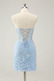 Light Blue Corset Sequins Sweetheart Short Tight Cocktail Dress with Lace-up Back