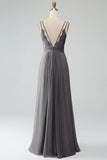 Terracotta A-Line Spaghetti Straps Pleated Chiffon Long Bridesmaid Dress