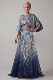 Navy Sequin 3/4 Sleeves A Line Mother of the Bride Dress