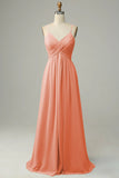 Spaghetti Straps Terracotta Sleeveless Long Bridesmaid Dress