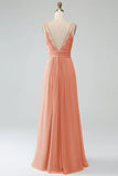 Terracotta A-Line Spaghetti Straps Pleated Chiffon Long Bridesmaid Dress