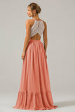 Terracotta Chiffon Keyhole Boho Halter Long Bridesmaid Dress with Lace