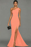 Black Satin Mermaid One Shoulder Long Formal Dress with Slit