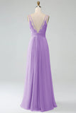 A-Line Twilight Spaghetti Straps Pleated Chiffon Long Bridesmaid Dress