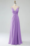 Terracotta A-Line Spaghetti Straps Pleated Chiffon Long Bridesmaid Dress