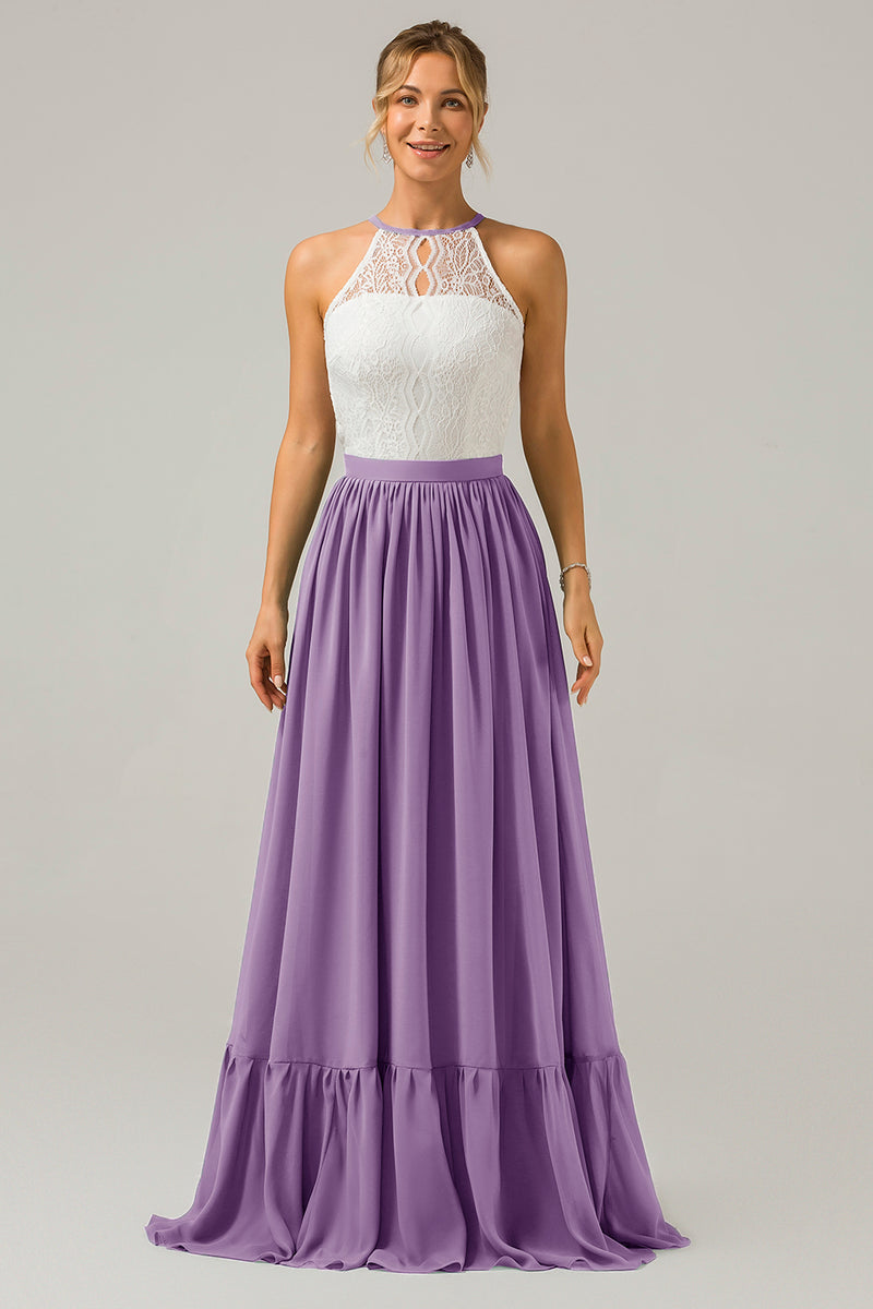 Load image into Gallery viewer, Vintage Mauve Chiffon Keyhole Boho Halter Long Bridesmaid Dress with Lace