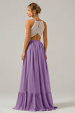 Terracotta Chiffon Keyhole Boho Halter Long Bridesmaid Dress with Lace