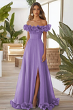 Off The Shoulder Red A Line Ruffled Long Formal Dress With Slit
