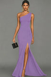 Black Satin Mermaid One Shoulder Long Formal Dress with Slit