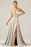 A Line Dusty Sage Spaghetti Straps Satin Formal Dress with Slit