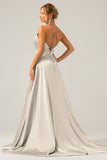 A Line Dusty Sage Spaghetti Straps Satin Formal Dress with Slit