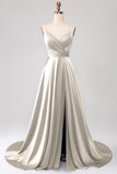 A Line Dusty Sage Spaghetti Straps Satin Formal Dress with Slit