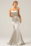 Dusty Sage Spaghetti Straps Mermaid Satin Long Formal Dress