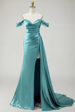 Mermaid Off the Shoulder Beaded Ruched Satin Golden Long Formal Dress with Slit