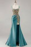 Sparkly Dark Green Satin Mermaid Beaded Sequin Long Formal Dress with Slit